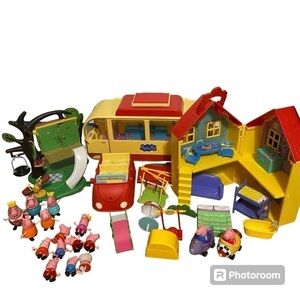 Peppa Pig HUGE Playset Lot Figures Camper Van Peek N Surprise Fold House Car